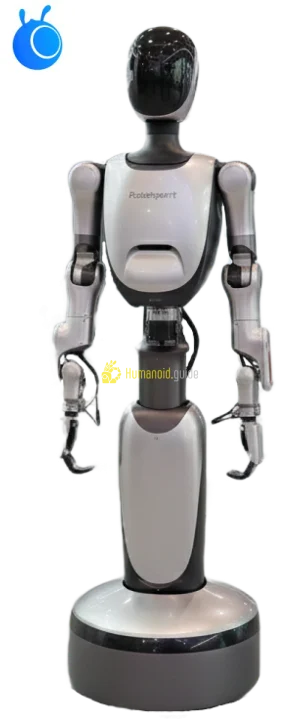 Robbyant R1 humanoid robot, wheeled two-armed service robot in white/metallic finish, showing arms and torso, ready for cooking or service tasks UnderControl AI Moby humanoid robot standing upright in a minimalistic environment Humanoid Guide