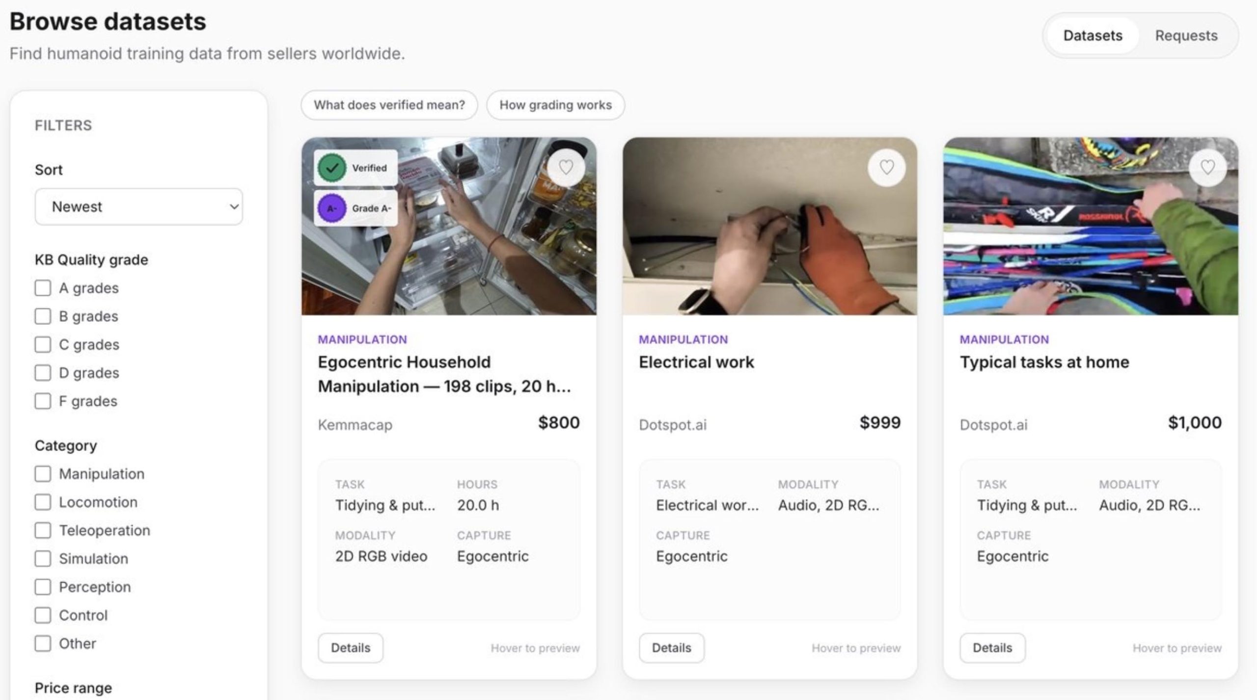 The Browse datasets view on Kinetic Blocks: filters for KB Quality grade, category and price beside listing cards of egocentric video datasets from sellers worldwide