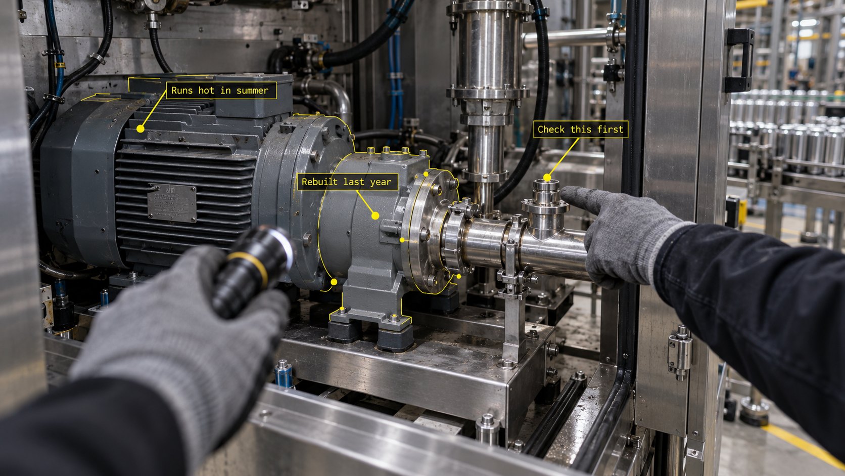 First-person view of a machine inspection, with gloved hands and yellow annotations identifying a motor that runs hot, a rebuilt pump, and a fitting to check first.