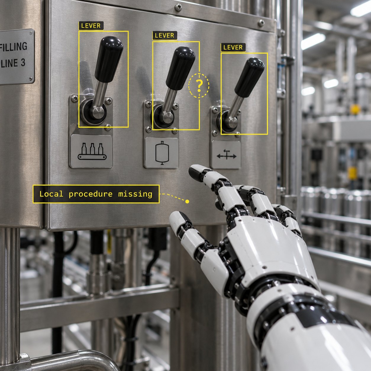 A robot hand hovers before three industrial levers. Yellow boxes identify the levers, while an annotation reads Local procedure missing.