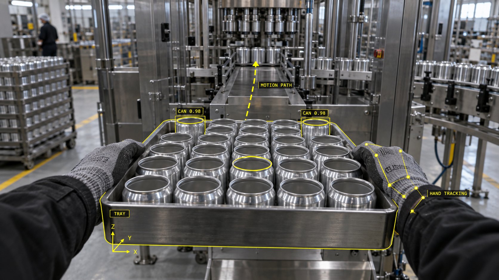 A worker carries a tray of empty cans toward a filling machine, with yellow can outlines, hand landmarks, tray geometry and a motion-path arrow.