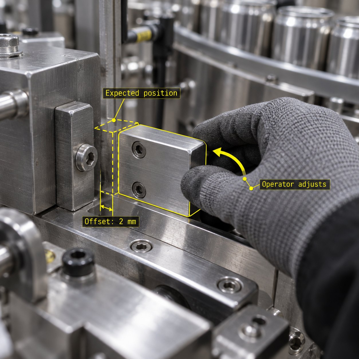 A gloved hand adjusts a metal guide block. A dashed yellow contour marks its expected position, with an illustrative 2 mm offset annotation.