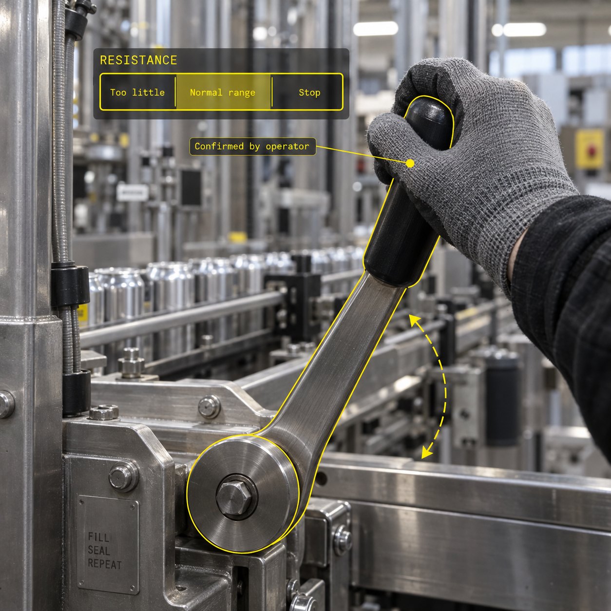 A worker grips a machine lever. Yellow annotations show a qualitative resistance range from Too little through Normal range to Stop, confirmed by an operator.