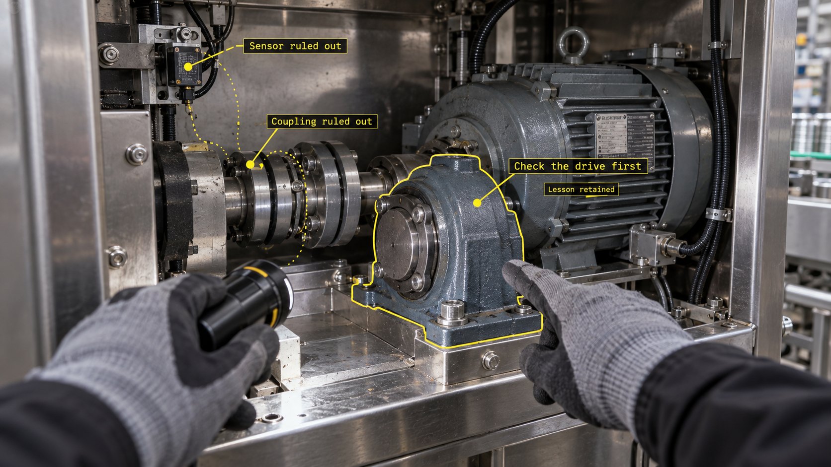 A worker inspects a machine drive. Yellow annotations mark a sensor and coupling as ruled out and highlight the lesson to check the drive first.