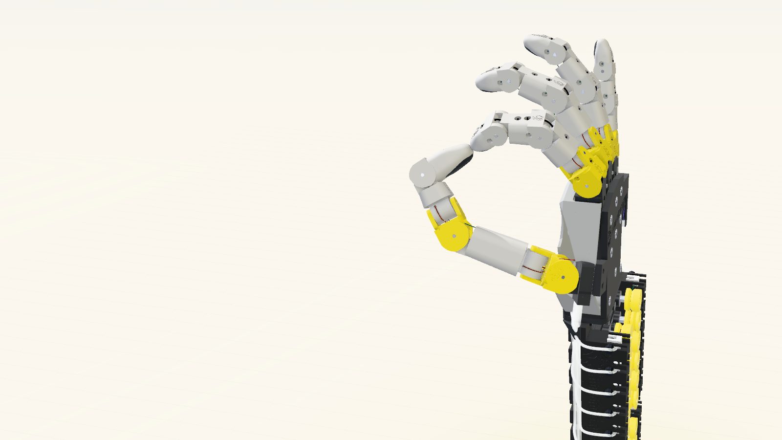 Robot hand simulator: the XH-22 tendon-driven hand in the Humanoid Guide pose, thumb and index closed into a ring, with signal-yellow knuckle blocks and the forearm servo pack below