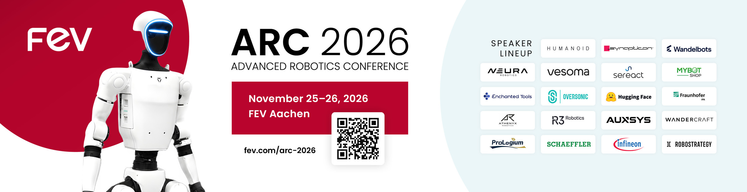 Advanced Robotics Conference ARC 2026 banner – 25–26 November 2026 at FEV Aachen, with the speaker line-up