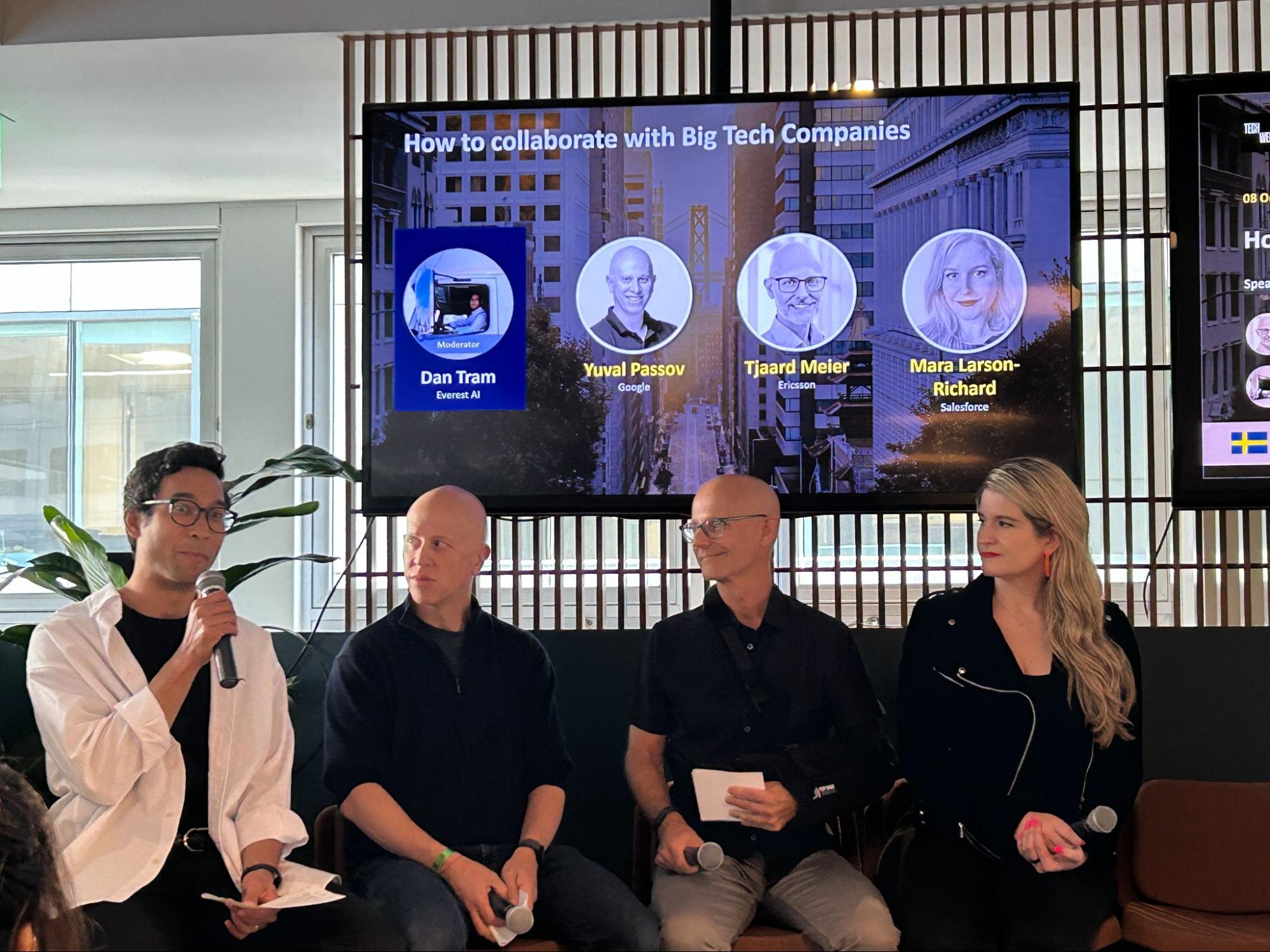 Dan Tram (Everest AI), Yuval Passov (Google), Tjaard Meier (Ericsson) and Mara Larson-Richard (Salesforce) at Swedish House, 8 October.