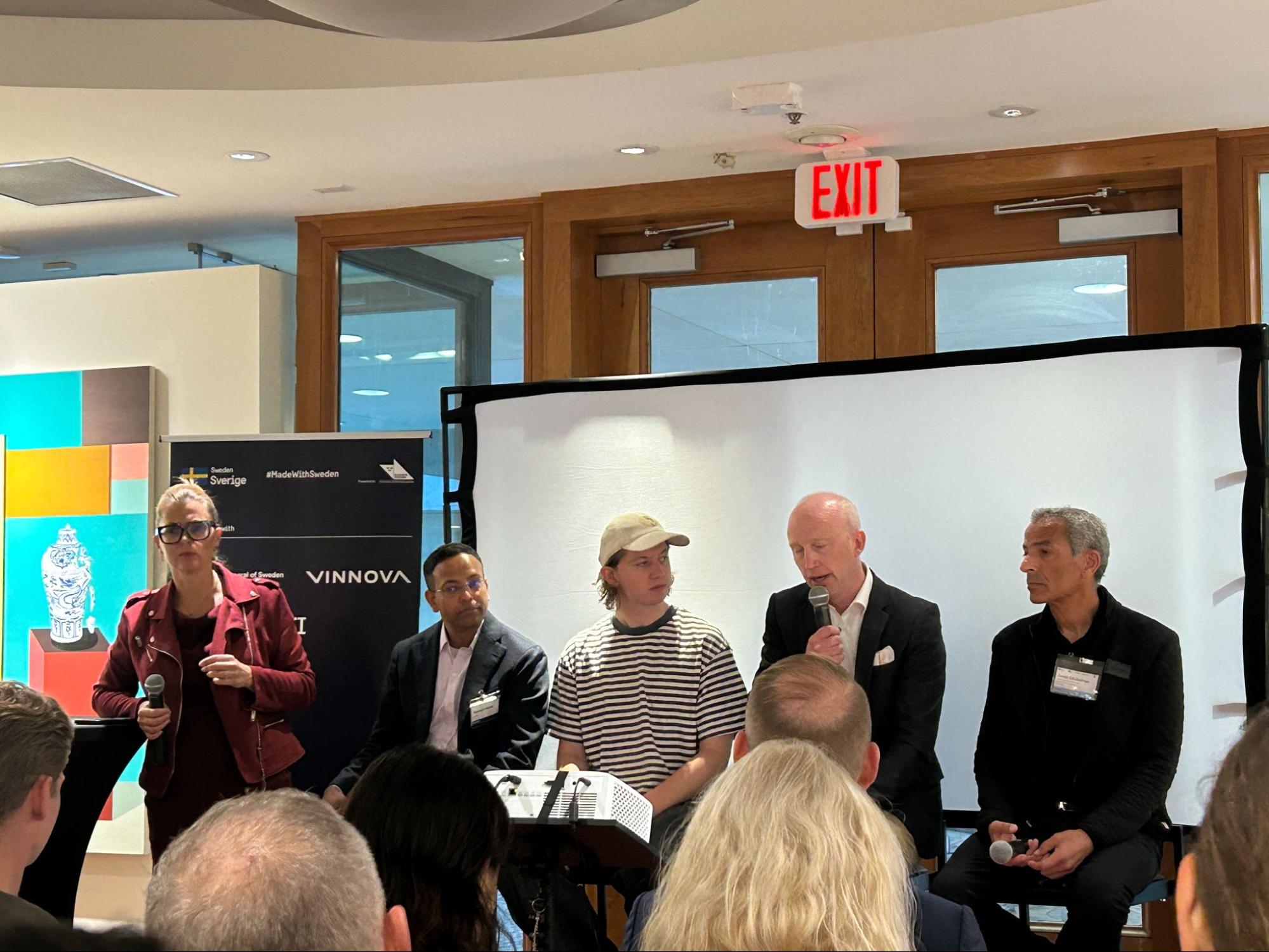 From left: Eva Nahari, Bibhrajit Halder, Isak Rizell (Pylero AI), Nicholas Tengelin (Rebl Industries) and Jumbi Edulbehram (NVIDIA) at Swedish House, 6 October.